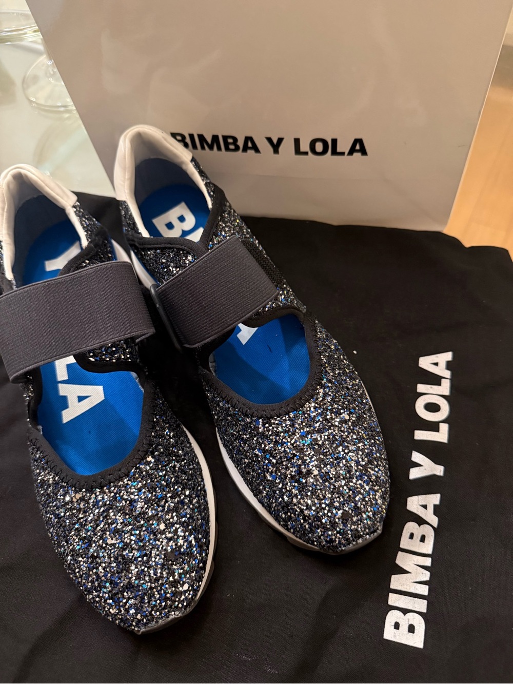 Bimba y Lola Women's Navy Glitter Slip-On Sneakers with Elastic Strap